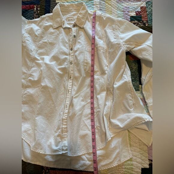 Free People Oversized Shirt Jacket Cream with Tan Exposed Stitching Raw Seams XS - Picture 8 of 9